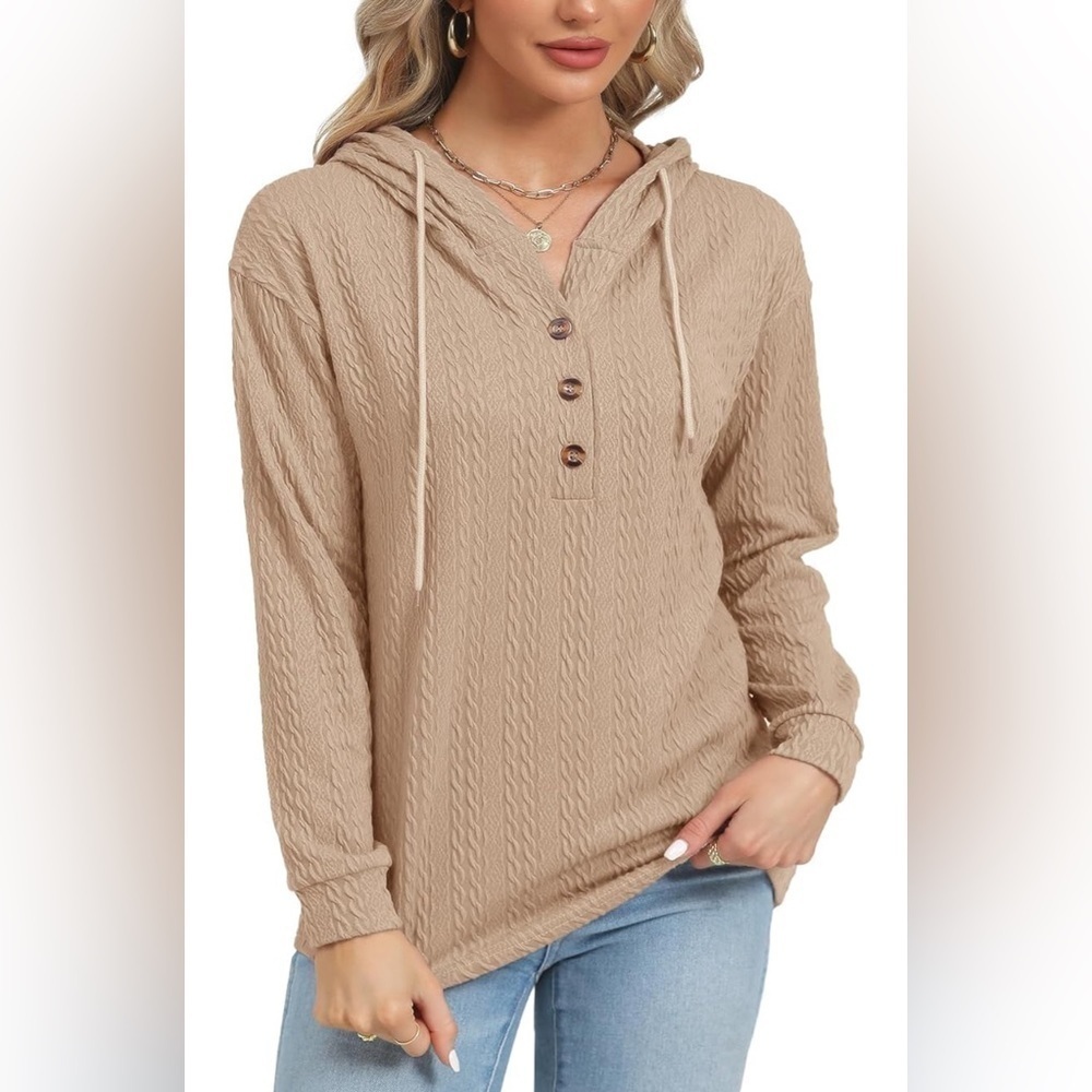 NEW Khaki Tan Textured Button Neckline Hooded Lightweight Sweatshirt